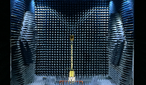 VSWR free space test setup showing the automated receive antenna and rotary table in the quiet zone.