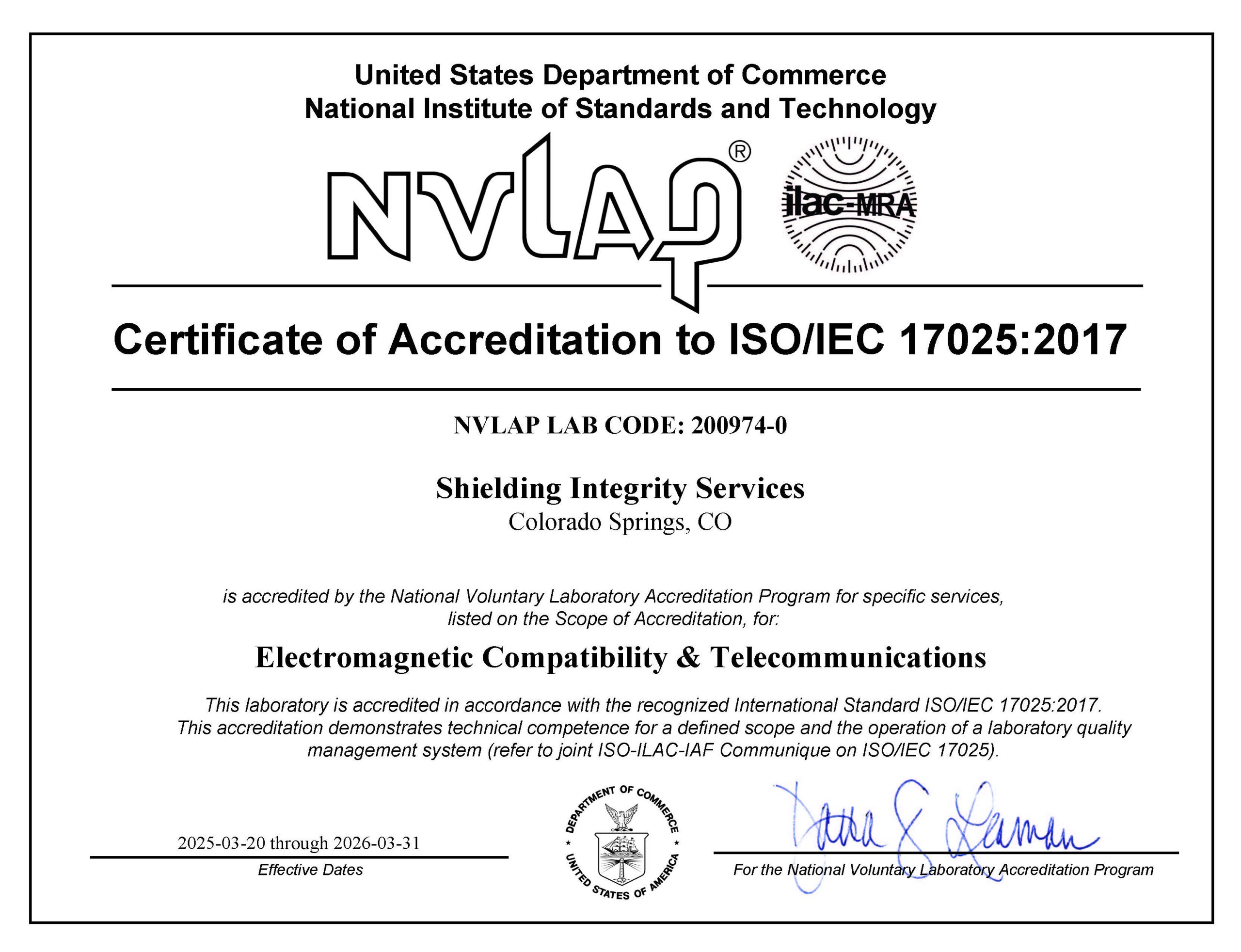 NVLAP Accreditation Certificate and Scope of Certified Tests (Lab Code 200974)