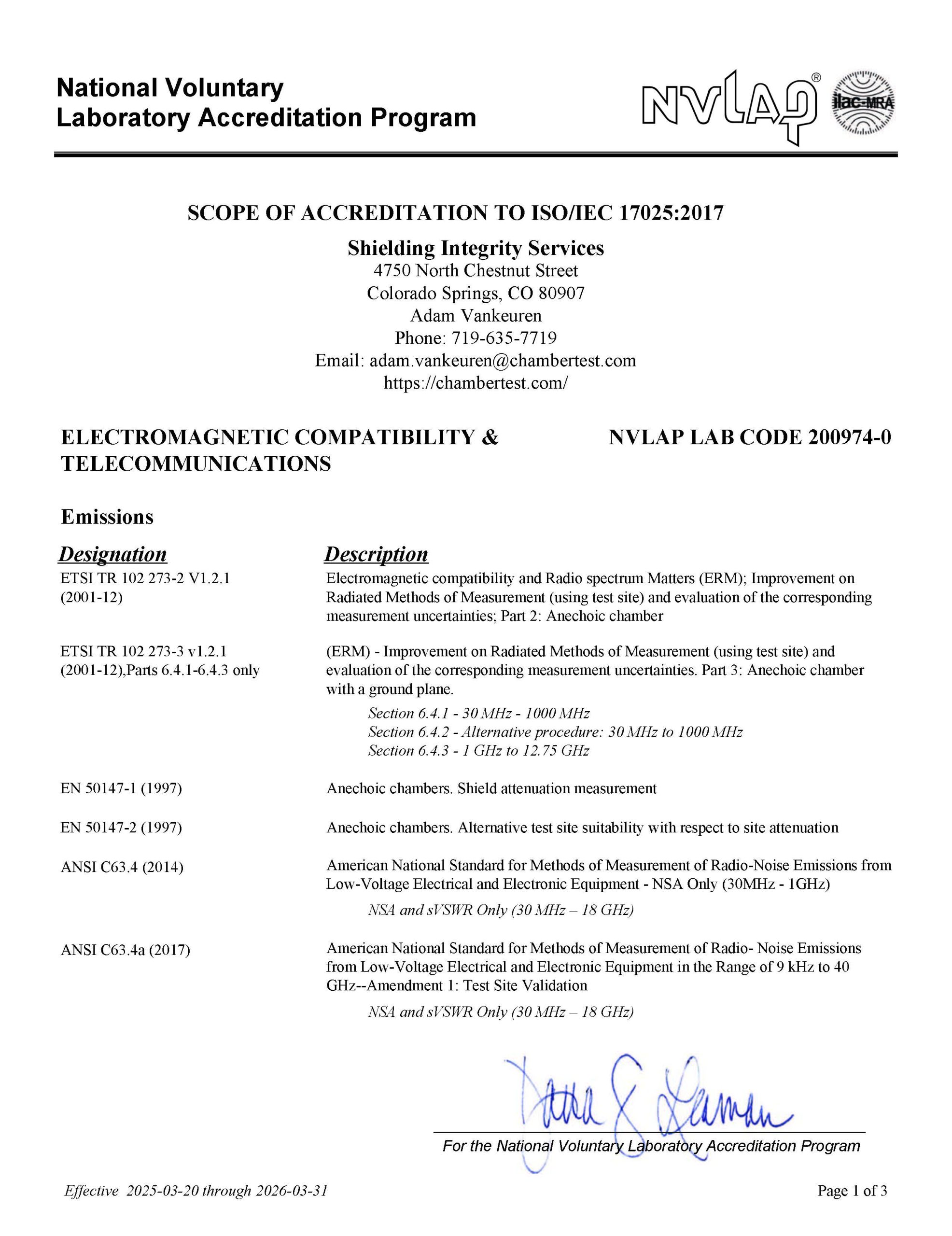 NVLAP Accreditation Certificate and Scope of Certified Tests (Lab Code 200974)